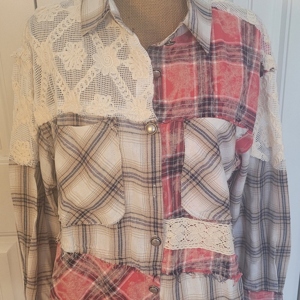 Pol Lace Patchwork Mixed Plaids Button-Front Top/… - image 2